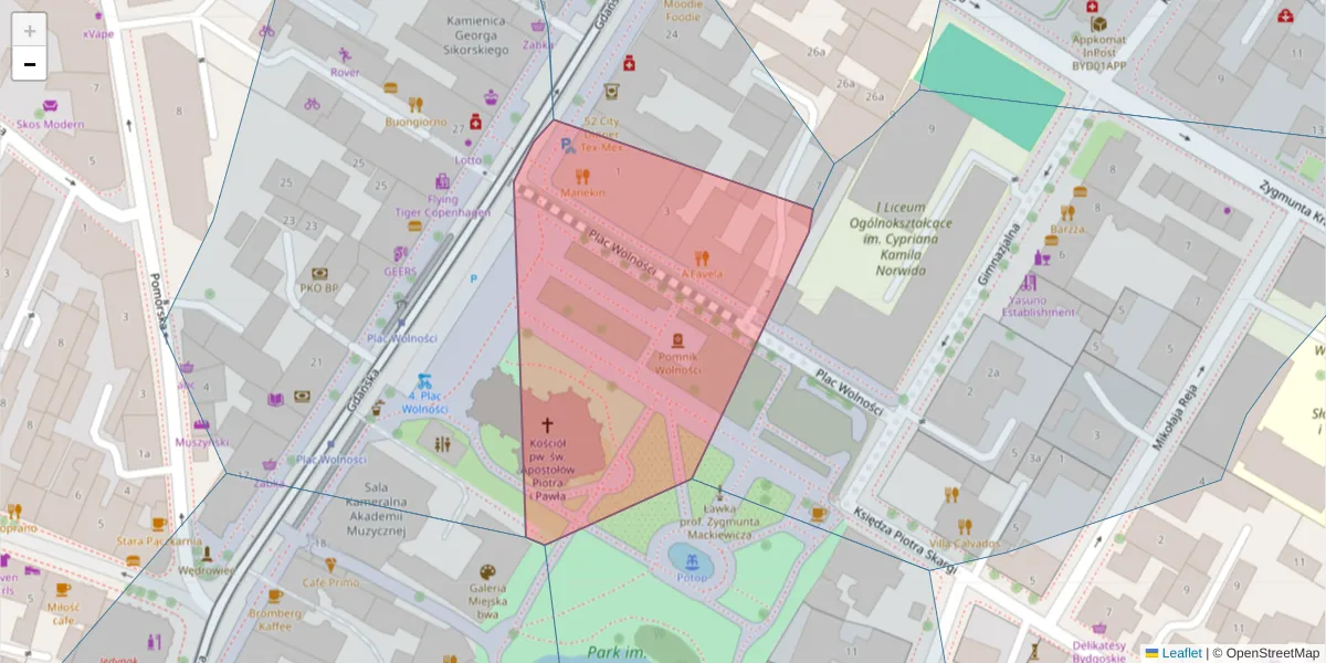 Szczegółowa mapa kodu pocztowego 85-004 z granicami, sąsiednimi kodami pocztowymi i urzędami pocztowymi