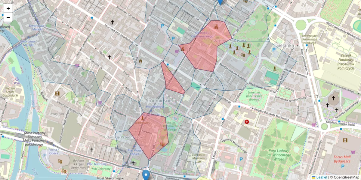 Szczegółowa mapa kodu pocztowego 85-006 z granicami, sąsiednimi kodami pocztowymi i urzędami pocztowymi
