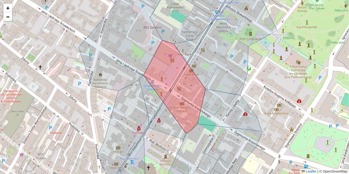 Szczegółowa mapa kodu pocztowego 85-008 z granicami, sąsiednimi kodami pocztowymi i urzędami pocztowymi