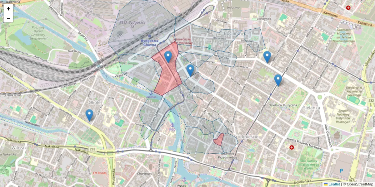 Szczegółowa mapa kodu pocztowego 85-009 z granicami, sąsiednimi kodami pocztowymi i urzędami pocztowymi