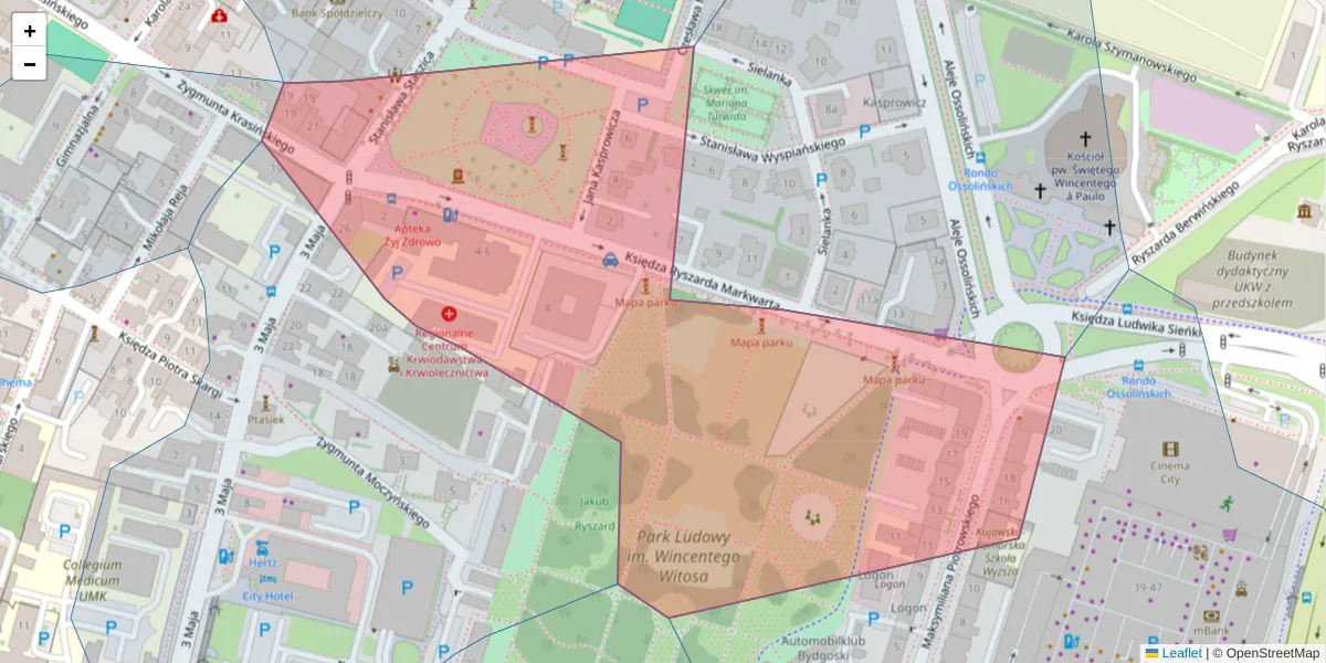 Szczegółowa mapa kodu pocztowego 85-015 z granicami, sąsiednimi kodami pocztowymi i urzędami pocztowymi