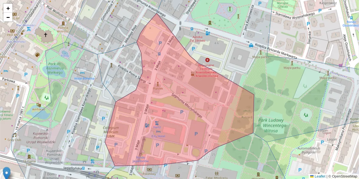 Szczegółowa mapa kodu pocztowego 85-016 z granicami, sąsiednimi kodami pocztowymi i urzędami pocztowymi