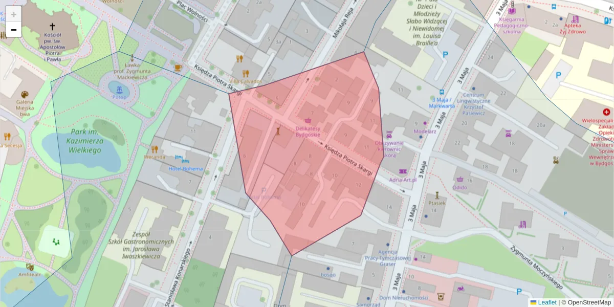 Szczegółowa mapa kodu pocztowego 85-018 z granicami, sąsiednimi kodami pocztowymi i urzędami pocztowymi