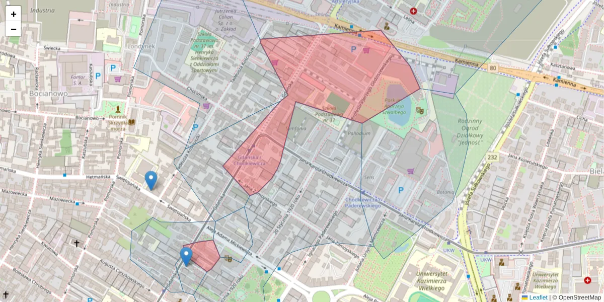 Szczegółowa mapa kodu pocztowego 85-021 z granicami, sąsiednimi kodami pocztowymi i urzędami pocztowymi