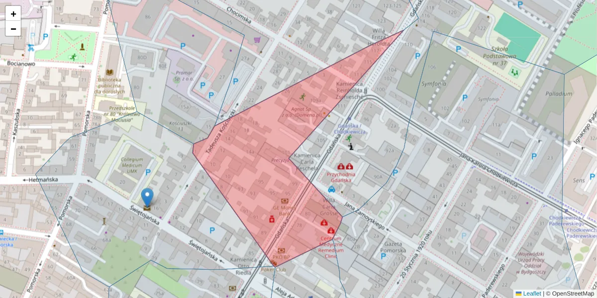 Szczegółowa mapa kodu pocztowego 85-022 z granicami, sąsiednimi kodami pocztowymi i urzędami pocztowymi