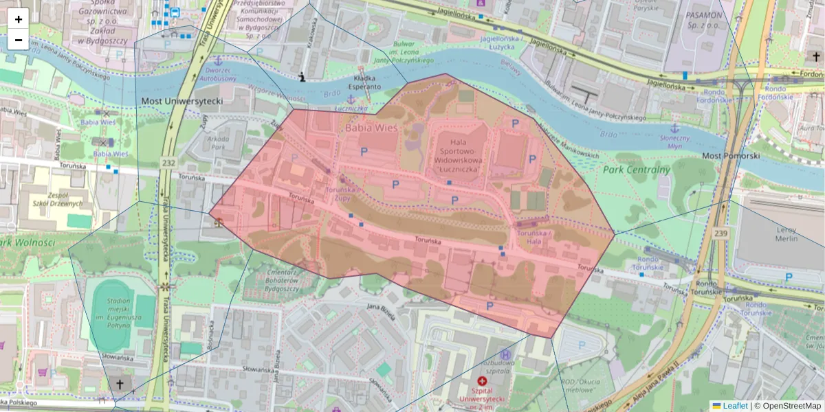 Szczegółowa mapa kodu pocztowego 85-023 z granicami, sąsiednimi kodami pocztowymi i urzędami pocztowymi