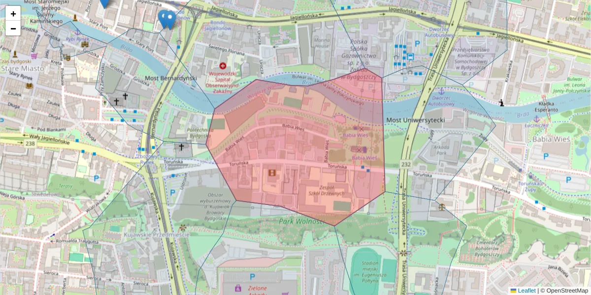 Szczegółowa mapa kodu pocztowego 85-024 z granicami, sąsiednimi kodami pocztowymi i urzędami pocztowymi