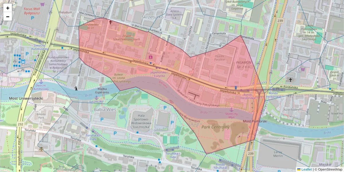Szczegółowa mapa kodu pocztowego 85-027 z granicami, sąsiednimi kodami pocztowymi i urzędami pocztowymi