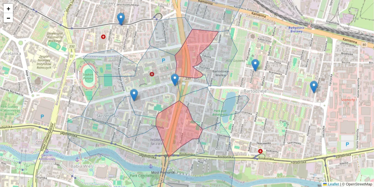 Szczegółowa mapa kodu pocztowego 85-028 z granicami, sąsiednimi kodami pocztowymi i urzędami pocztowymi