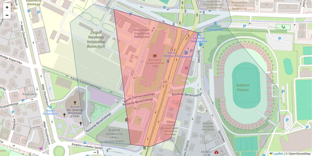 Szczegółowa mapa kodu pocztowego 85-029 z granicami, sąsiednimi kodami pocztowymi i urzędami pocztowymi