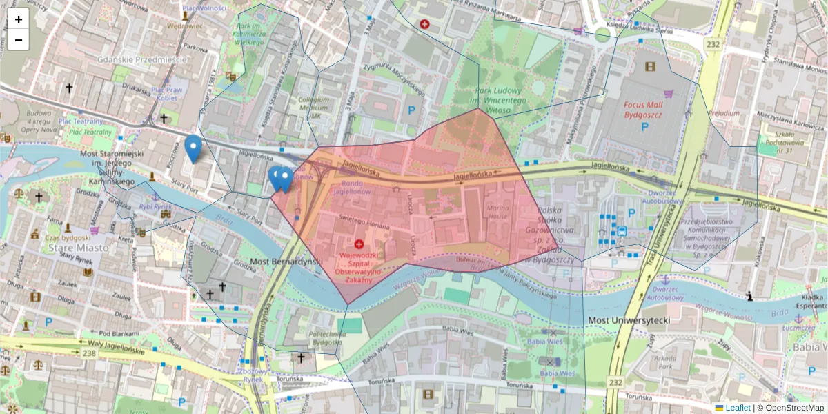 Szczegółowa mapa kodu pocztowego 85-030 z granicami, sąsiednimi kodami pocztowymi i urzędami pocztowymi