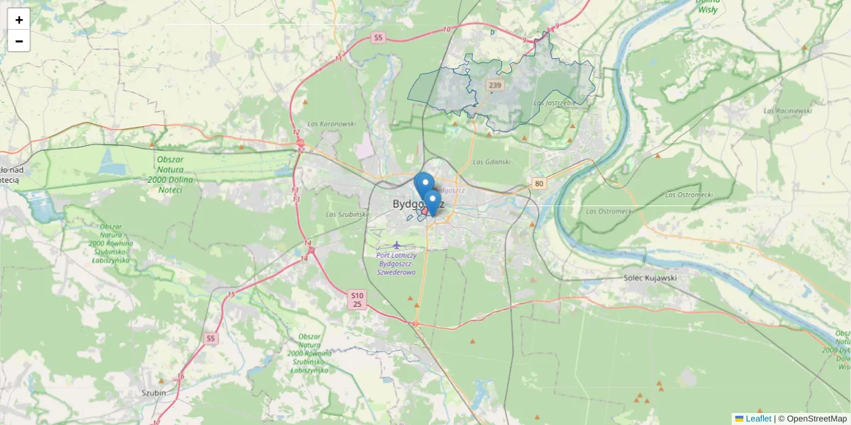 Szczegółowa mapa kodu pocztowego 85-031 z granicami, sąsiednimi kodami pocztowymi i urzędami pocztowymi