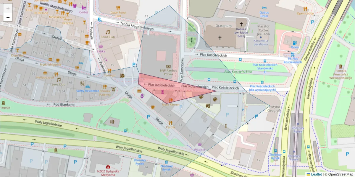 Szczegółowa mapa kodu pocztowego 85-033 z granicami, sąsiednimi kodami pocztowymi i urzędami pocztowymi