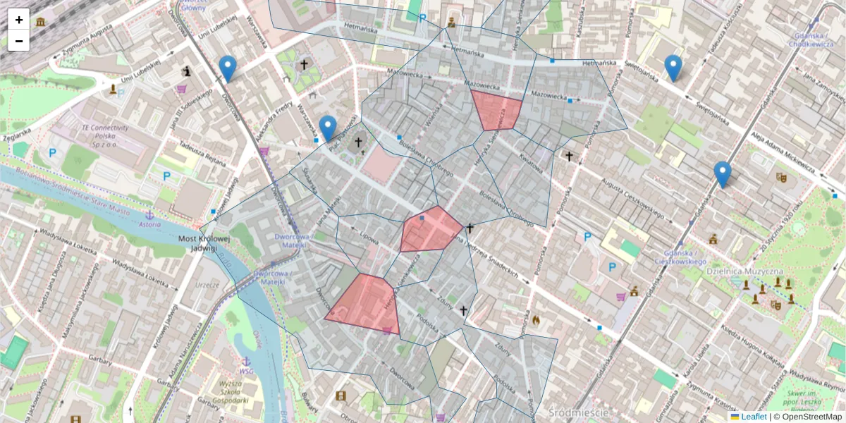 Szczegółowa mapa kodu pocztowego 85-037 z granicami, sąsiednimi kodami pocztowymi i urzędami pocztowymi