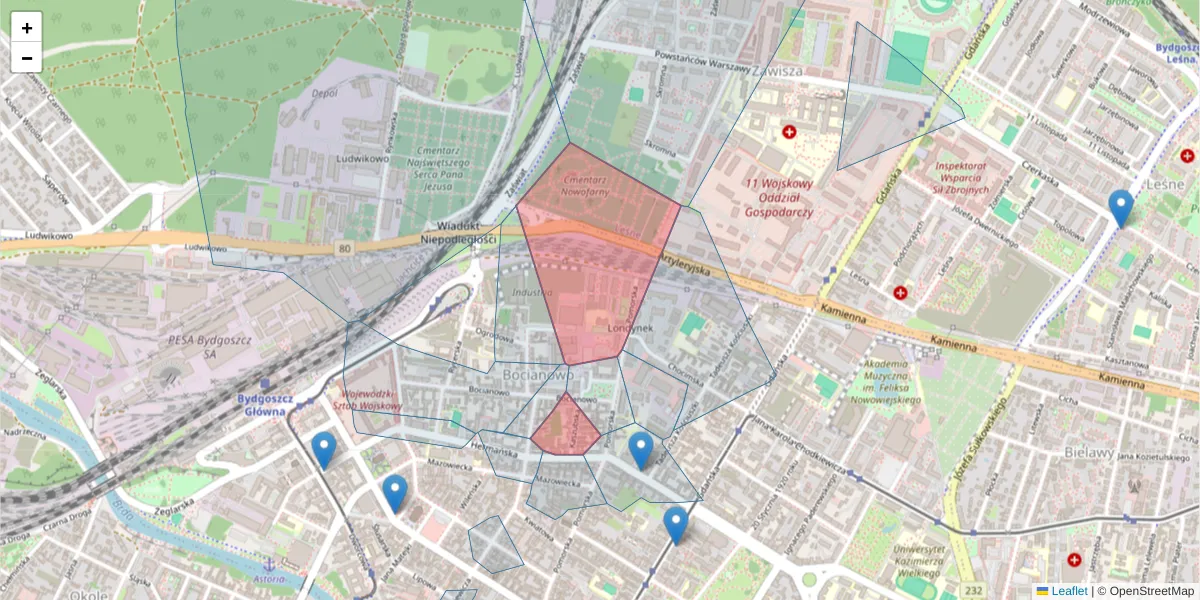 Szczegółowa mapa kodu pocztowego 85-048 z granicami, sąsiednimi kodami pocztowymi i urzędami pocztowymi