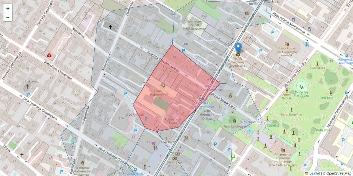 Szczegółowa mapa kodu pocztowego 85-052 z granicami, sąsiednimi kodami pocztowymi i urzędami pocztowymi