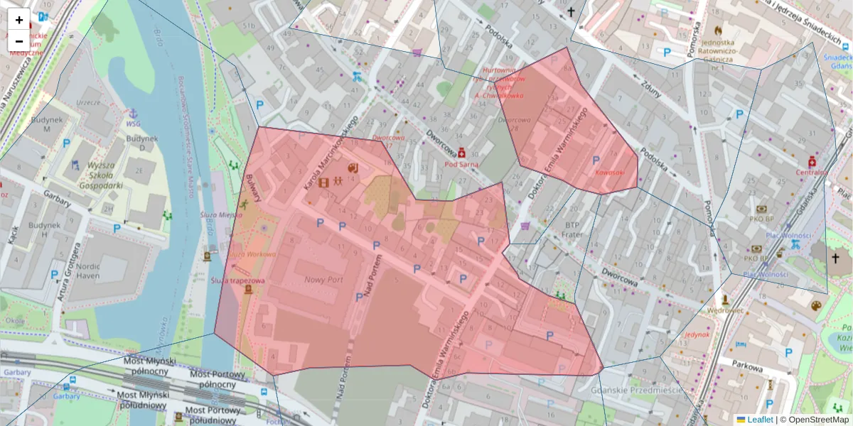 Szczegółowa mapa kodu pocztowego 85-054 z granicami, sąsiednimi kodami pocztowymi i urzędami pocztowymi