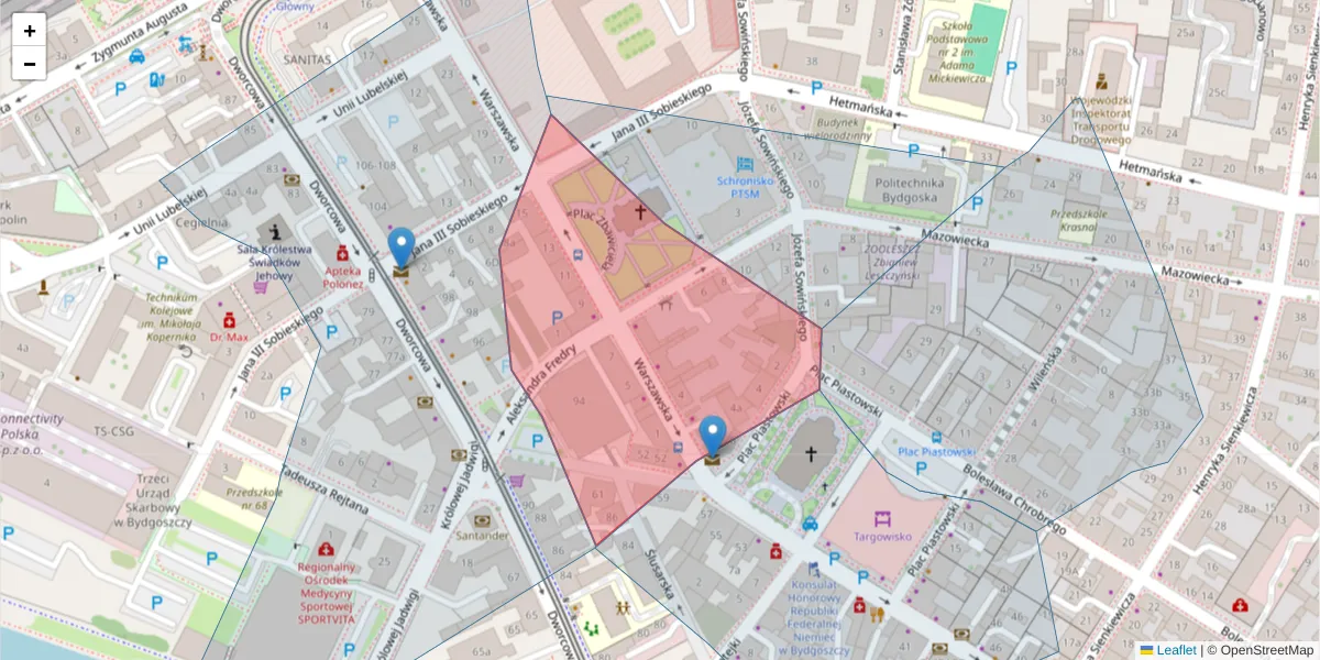 Szczegółowa mapa kodu pocztowego 85-058 z granicami, sąsiednimi kodami pocztowymi i urzędami pocztowymi