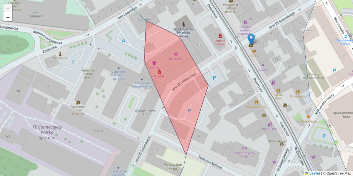 Szczegółowa mapa kodu pocztowego 85-060 z granicami, sąsiednimi kodami pocztowymi i urzędami pocztowymi