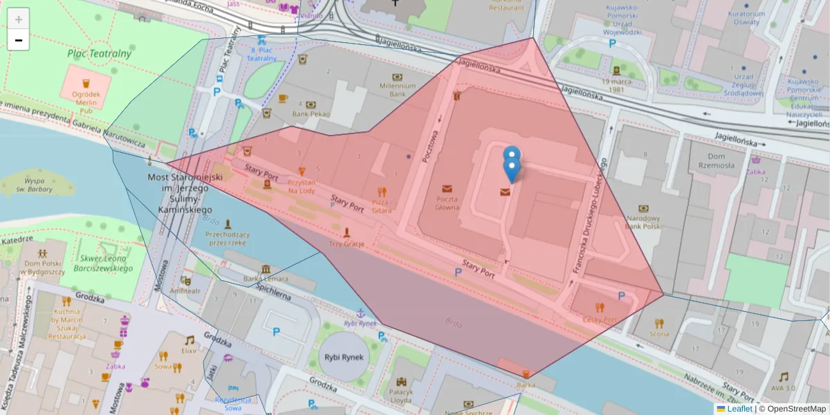 Szczegółowa mapa kodu pocztowego 85-068 z granicami, sąsiednimi kodami pocztowymi i urzędami pocztowymi