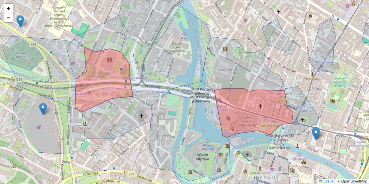 Szczegółowa mapa kodu pocztowego 85-070 z granicami, sąsiednimi kodami pocztowymi i urzędami pocztowymi