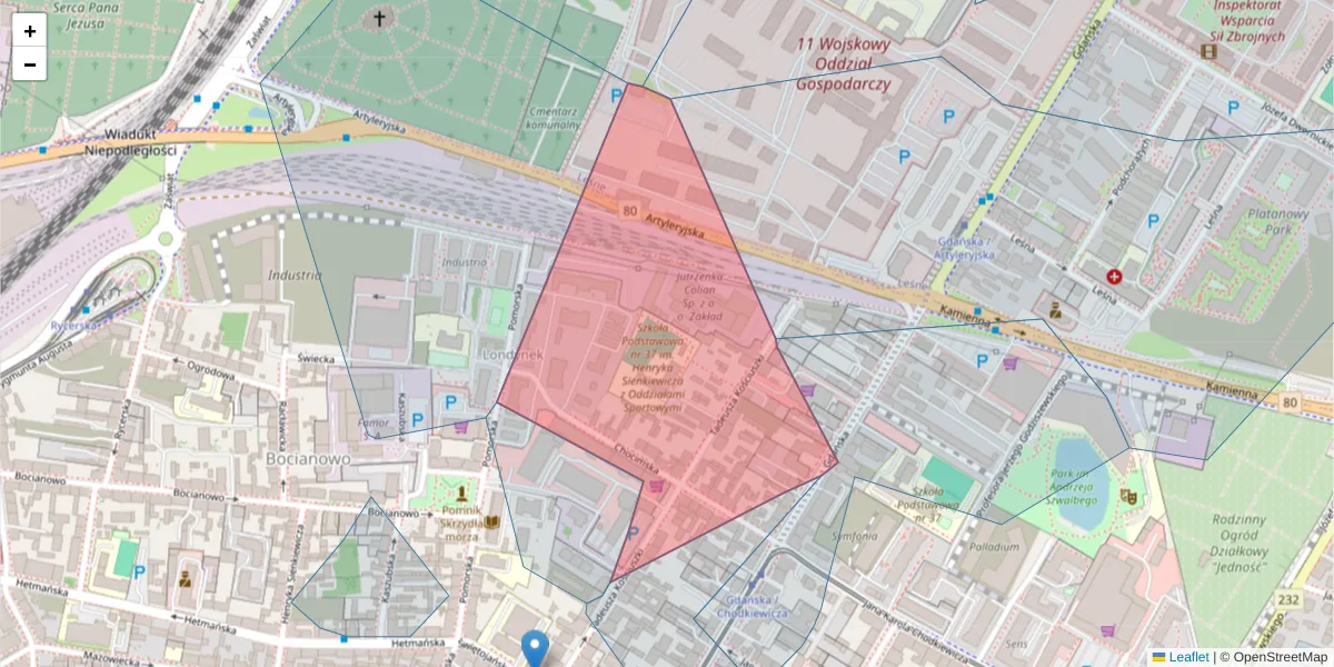Szczegółowa mapa kodu pocztowego 85-078 z granicami, sąsiednimi kodami pocztowymi i urzędami pocztowymi