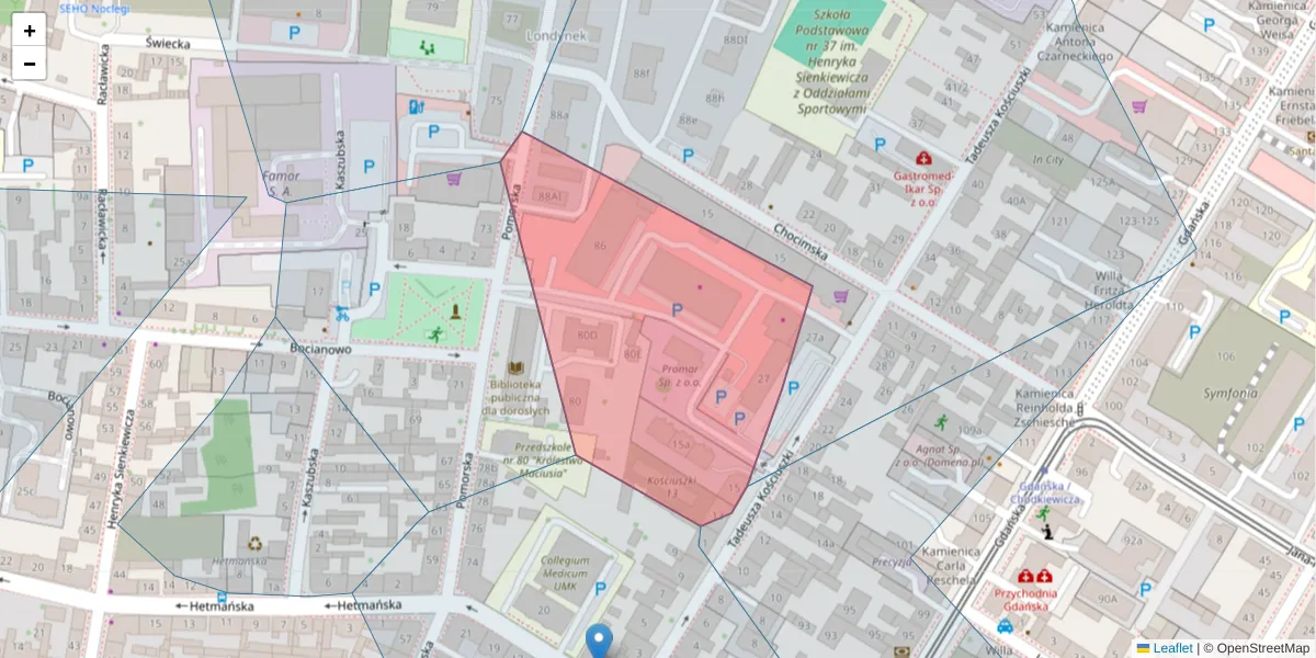 Szczegółowa mapa kodu pocztowego 85-079 z granicami, sąsiednimi kodami pocztowymi i urzędami pocztowymi