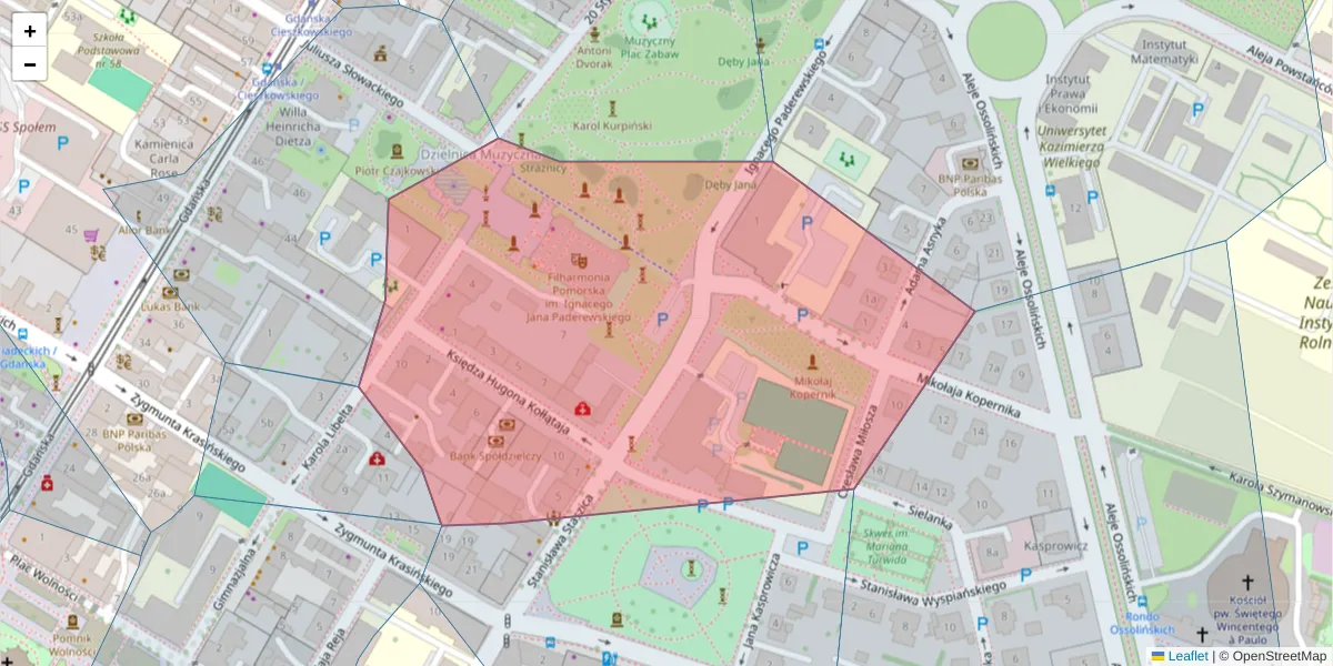 Szczegółowa mapa kodu pocztowego 85-080 z granicami, sąsiednimi kodami pocztowymi i urzędami pocztowymi