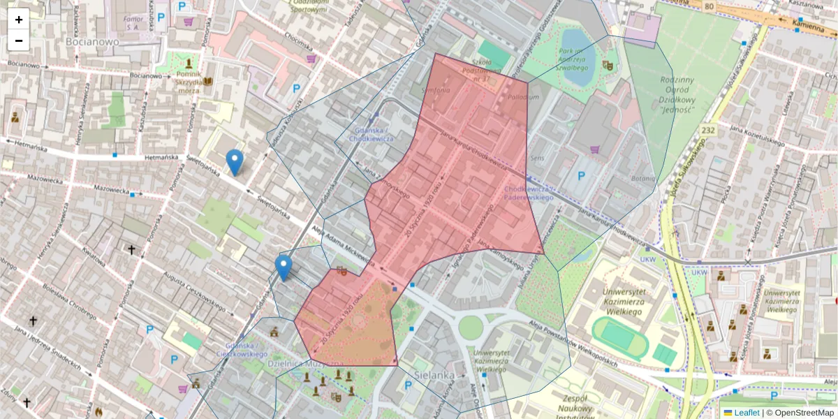 Szczegółowa mapa kodu pocztowego 85-081 z granicami, sąsiednimi kodami pocztowymi i urzędami pocztowymi