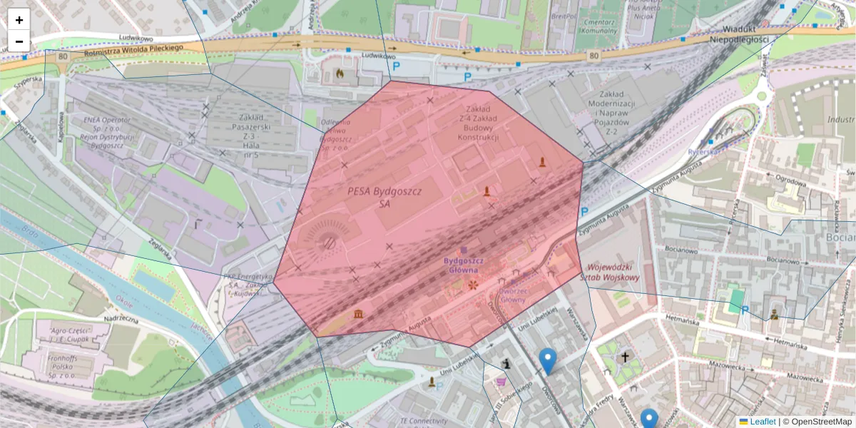 Szczegółowa mapa kodu pocztowego 85-082 z granicami, sąsiednimi kodami pocztowymi i urzędami pocztowymi