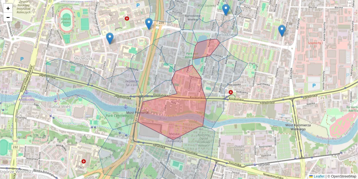 Szczegółowa mapa kodu pocztowego 85-085 z granicami, sąsiednimi kodami pocztowymi i urzędami pocztowymi