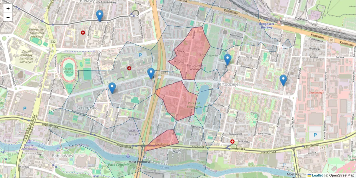 Szczegółowa mapa kodu pocztowego 85-087 z granicami, sąsiednimi kodami pocztowymi i urzędami pocztowymi