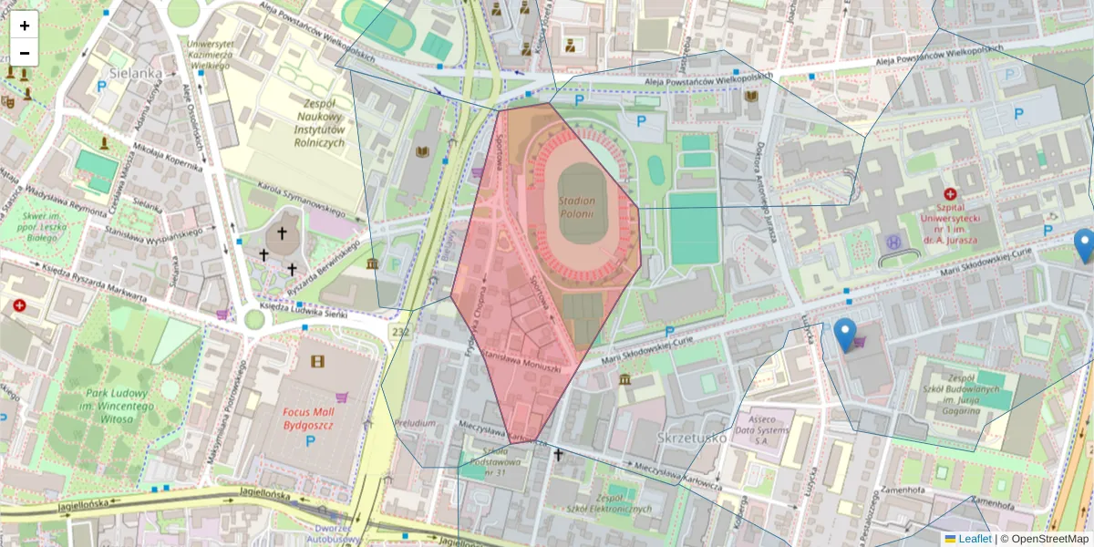 Szczegółowa mapa kodu pocztowego 85-091 z granicami, sąsiednimi kodami pocztowymi i urzędami pocztowymi