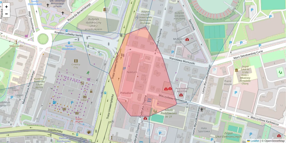 Szczegółowa mapa kodu pocztowego 85-092 z granicami, sąsiednimi kodami pocztowymi i urzędami pocztowymi