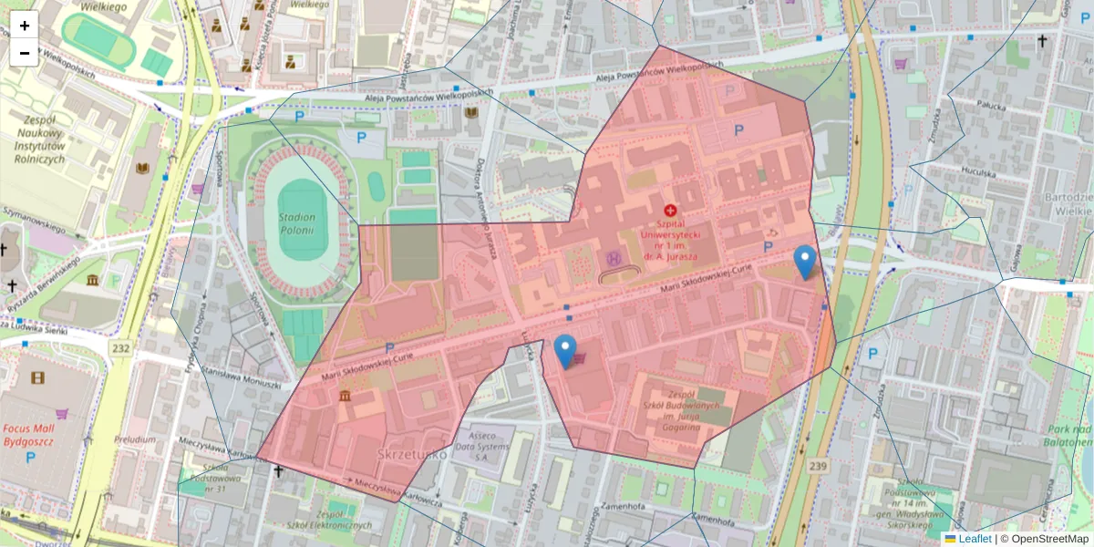 Szczegółowa mapa kodu pocztowego 85-094 z granicami, sąsiednimi kodami pocztowymi i urzędami pocztowymi