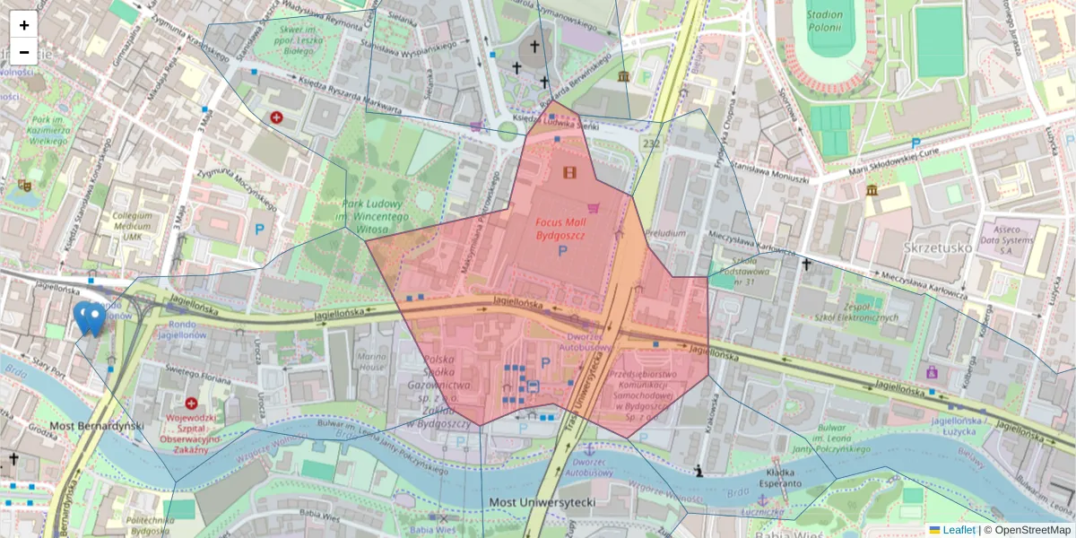 Szczegółowa mapa kodu pocztowego 85-097 z granicami, sąsiednimi kodami pocztowymi i urzędami pocztowymi