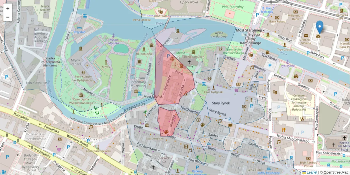 Szczegółowa mapa kodu pocztowego 85-102 z granicami, sąsiednimi kodami pocztowymi i urzędami pocztowymi