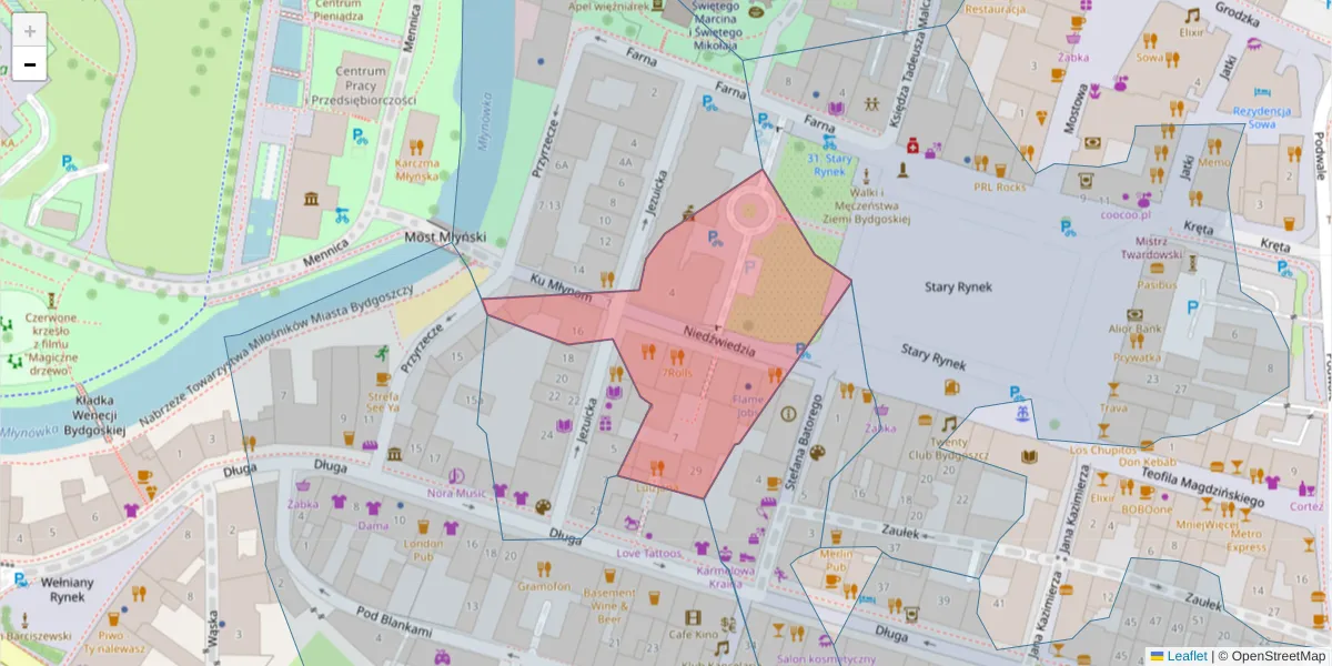 Szczegółowa mapa kodu pocztowego 85-103 z granicami, sąsiednimi kodami pocztowymi i urzędami pocztowymi