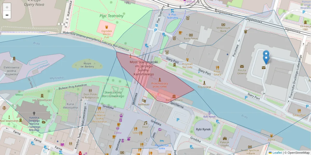 Szczegółowa mapa kodu pocztowego 85-108 z granicami, sąsiednimi kodami pocztowymi i urzędami pocztowymi