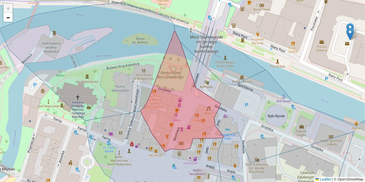 Szczegółowa mapa kodu pocztowego 85-110 z granicami, sąsiednimi kodami pocztowymi i urzędami pocztowymi