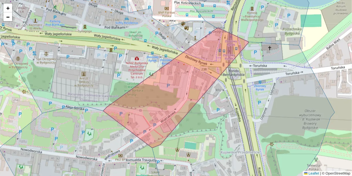 Szczegółowa mapa kodu pocztowego 85-116 z granicami, sąsiednimi kodami pocztowymi i urzędami pocztowymi
