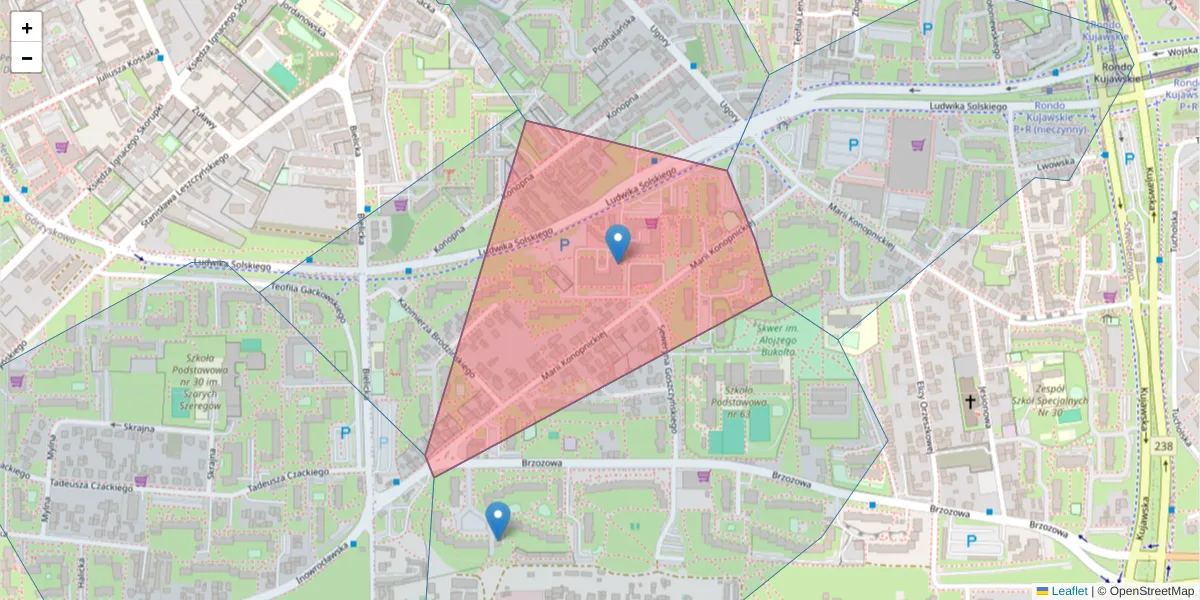 Szczegółowa mapa kodu pocztowego 85-124 z granicami, sąsiednimi kodami pocztowymi i urzędami pocztowymi