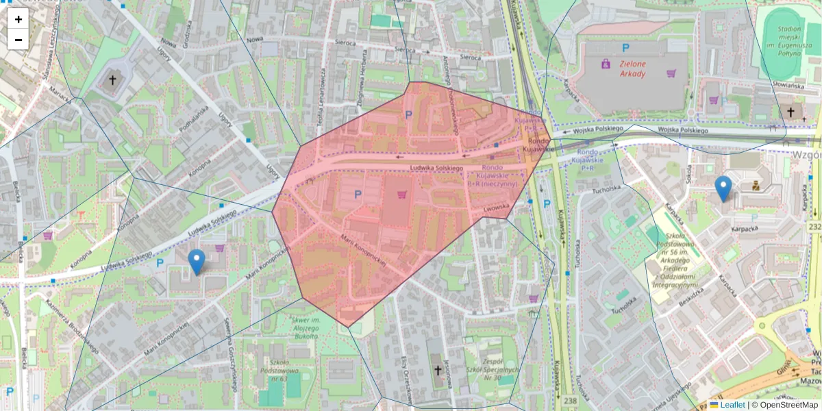 Szczegółowa mapa kodu pocztowego 85-125 z granicami, sąsiednimi kodami pocztowymi i urzędami pocztowymi