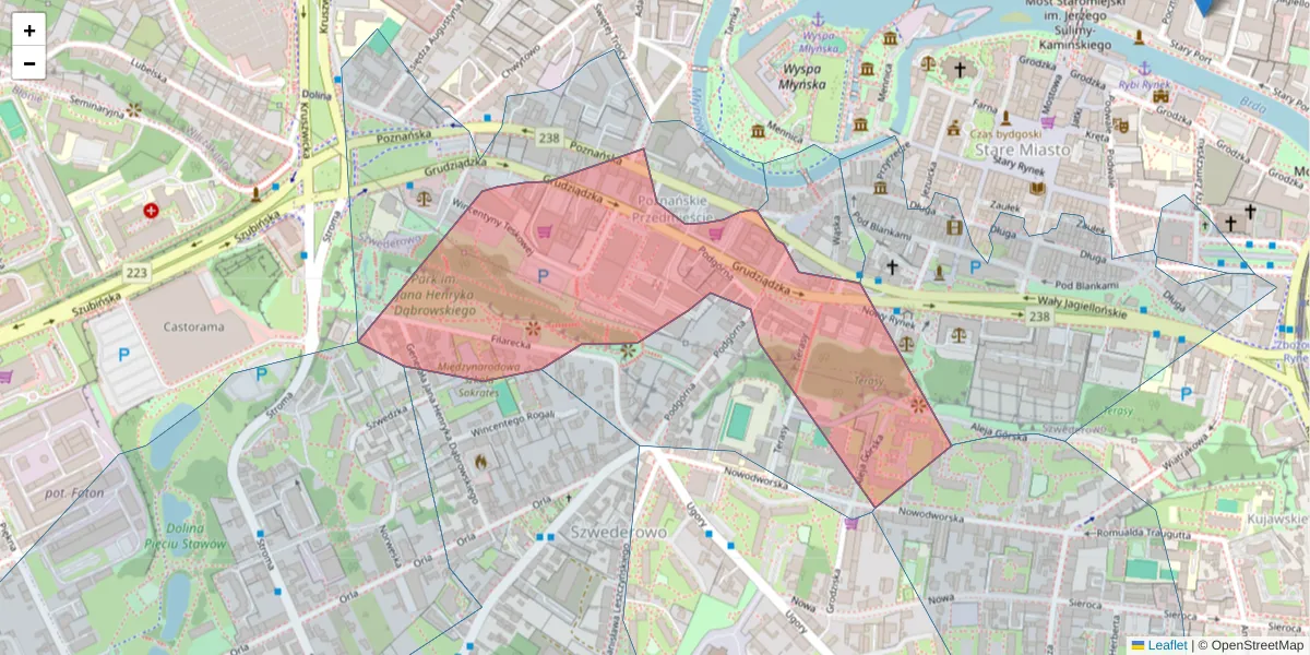 Szczegółowa mapa kodu pocztowego 85-130 z granicami, sąsiednimi kodami pocztowymi i urzędami pocztowymi