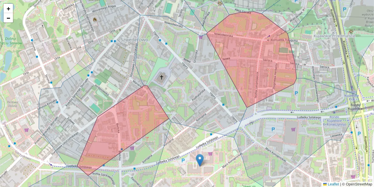 Szczegółowa mapa kodu pocztowego 85-133 z granicami, sąsiednimi kodami pocztowymi i urzędami pocztowymi