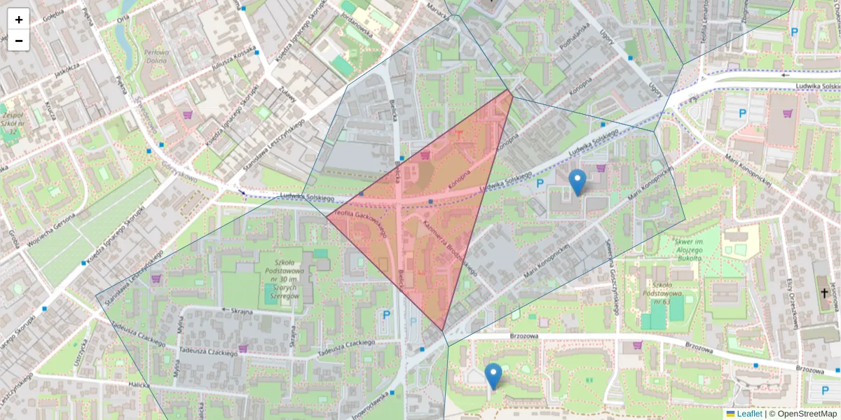 Szczegółowa mapa kodu pocztowego 85-135 z granicami, sąsiednimi kodami pocztowymi i urzędami pocztowymi