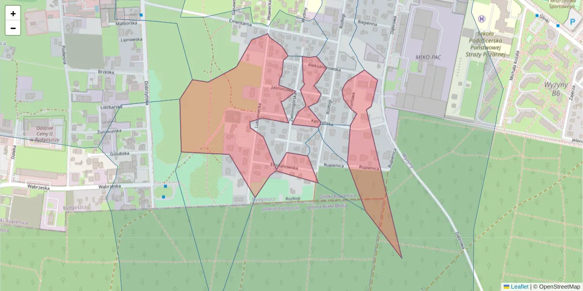 Szczegółowa mapa kodu pocztowego 85-141 z granicami, sąsiednimi kodami pocztowymi i urzędami pocztowymi