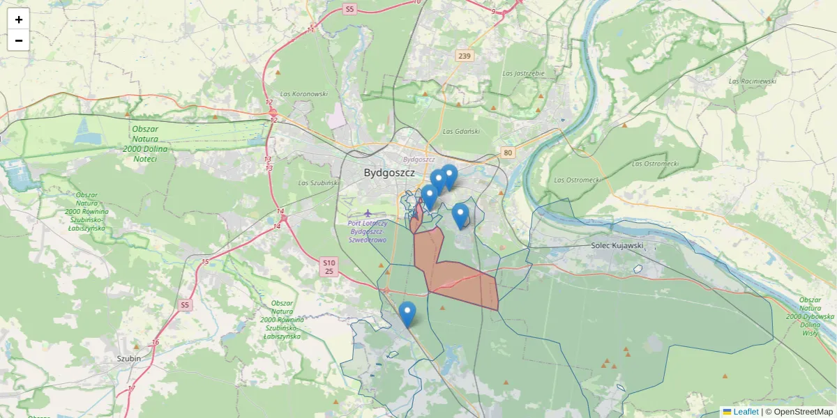 Szczegółowa mapa kodu pocztowego 85-147 z granicami, sąsiednimi kodami pocztowymi i urzędami pocztowymi