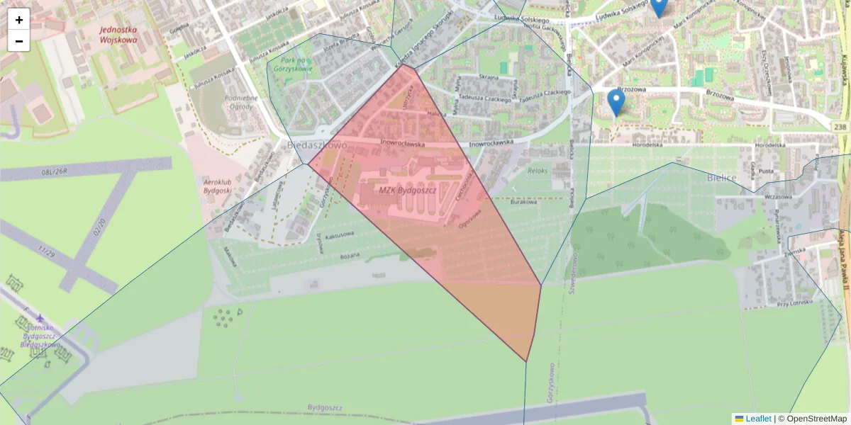 Szczegółowa mapa kodu pocztowego 85-153 z granicami, sąsiednimi kodami pocztowymi i urzędami pocztowymi
