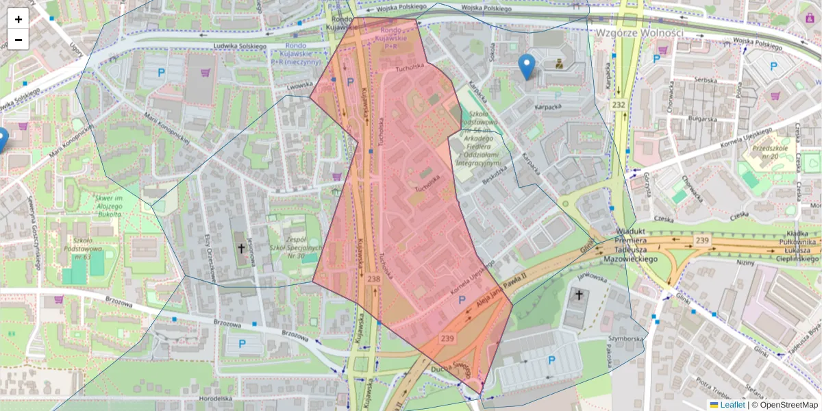 Szczegółowa mapa kodu pocztowego 85-165 z granicami, sąsiednimi kodami pocztowymi i urzędami pocztowymi